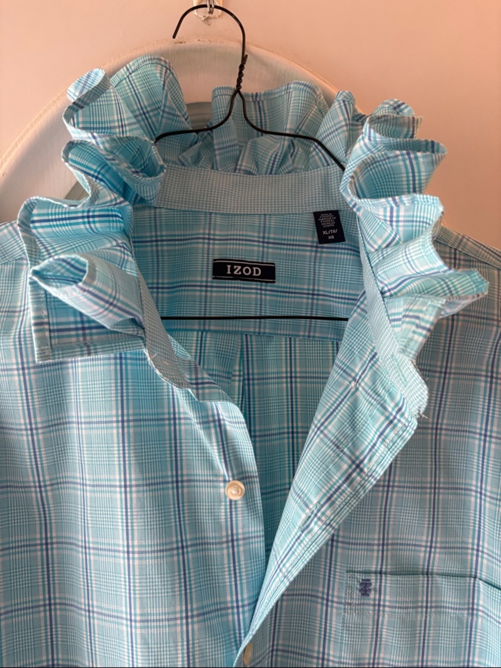 Izod up-cycled ruffle collar shirt Light Blue Plaid Button-Down Shirt - Picture 4 of 4